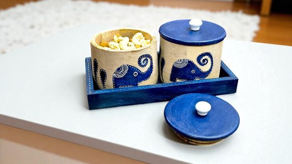 Hand-painted Wooden Jar Set with Tray – Rajasthani Elephant Motif Storage Containers (Set of 2/3/4)