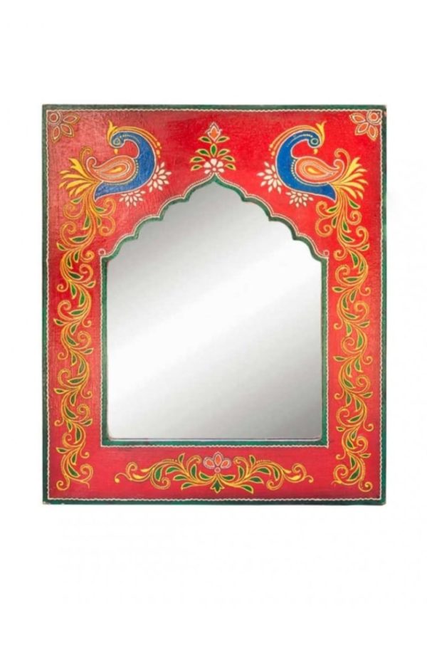 Handmade Rajasthani Wooden Mirror Frame – Traditional Hand-painted Peacock & Floral Design