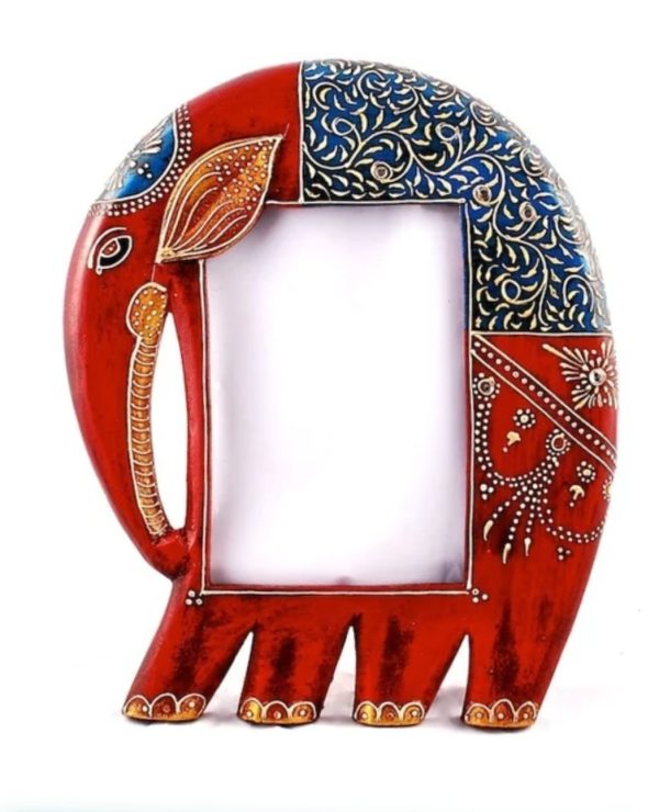 Hand-painted Wooden Elephant Shaped Mirror/Photo Frame – Rajasthani Decorative Wall & Table Décor